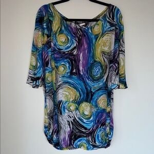 Vintage Flirty Pink Swirl Patterned Flowy Stretchy Mini Dress Long Top